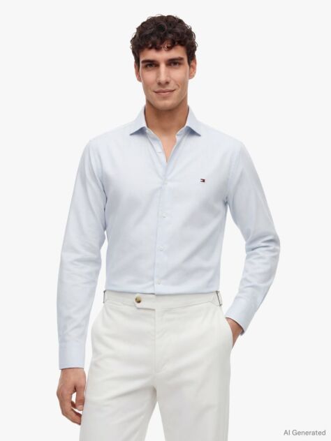 Blue Slim Fit Flag Embroidery Dobby Shirt  Men