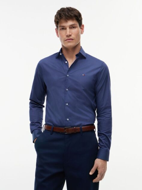 Blue Slim Fit Micro Print Shirt  Men