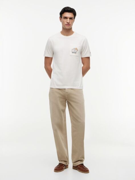 Beige Floral Graphic Pocket T-Shirt  Men