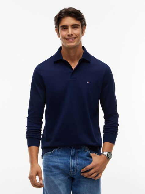 Blue Regular Fit Long Sleeve Polo Shirt  Men