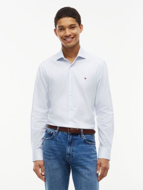 Blue Slim Fit Flag Embroidery Dobby Shirt  Men