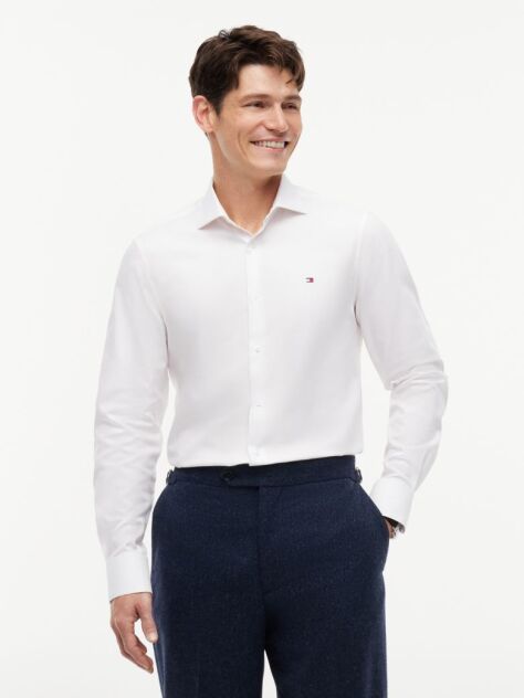 White Slim Fit Flag Embroidery Dobby Shirt  Men