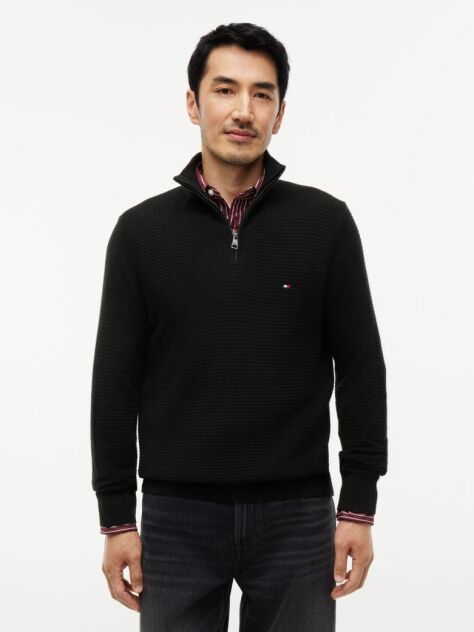 Black Textured Quarter-Zip Mock Neck Jumper With Cashmere  Men