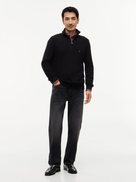 Black Textured Quarter-Zip Mock Neck Jumper With Cashmere  Men
