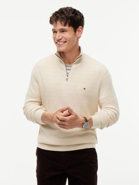 Beige Textured Quarter-Zip Mock Neck Jumper With Cashmere  Men