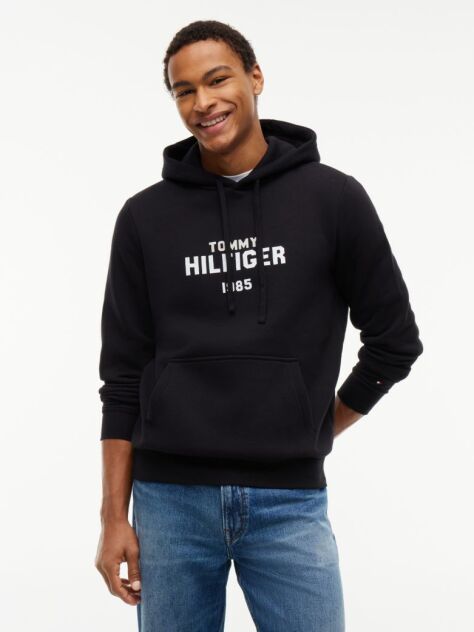Black Logo Embroidery Fleece Hoody  Men