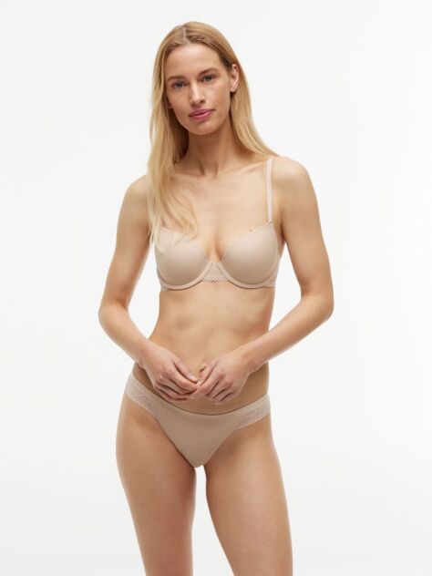Beige Stretch Nylon Lace Thong  Women