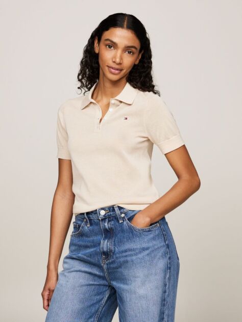 Beige Short Sleeve Polo Collar Jumper  Women