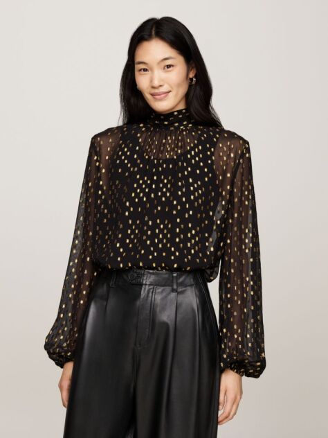 Black Metallic Embroidery Relaxed Sheer Blouse  Women