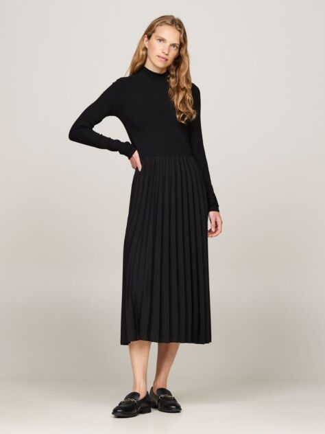 Black Mock Turtleneck Pleated Midi Dress  Women