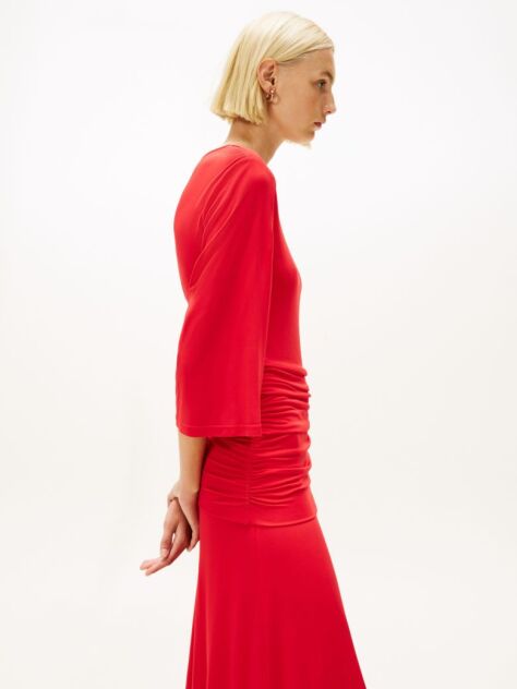 Red Festive Crepe Slim Gathered Midi Dress  Women