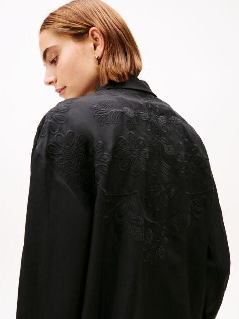 Black Floral Embroidery Oversized Fit Shirt With Linen  Women