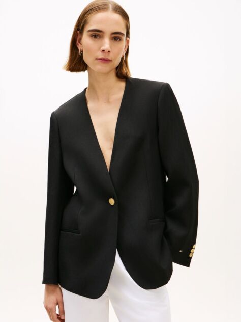 Black Gold-Tone Button Relaxed Linen Blend Blazer  Women