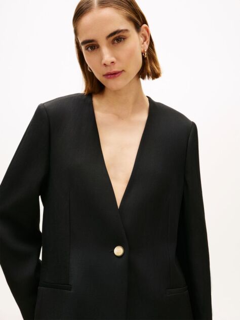 Black Gold-Tone Button Relaxed Linen Blend Blazer  Women