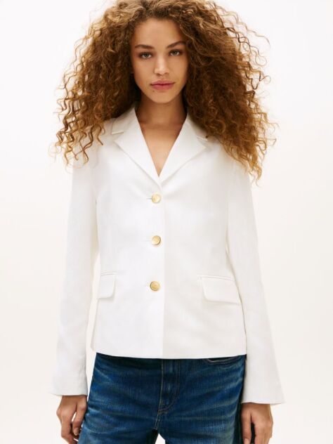 White Slim Fit Gold-Tone Button Linen Blend Blazer  Women