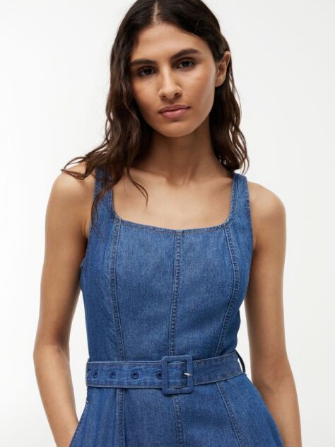 Μπλε Midi Denim Φόρεμα Εβαζέ Με Ζώνη  Γυναίκες