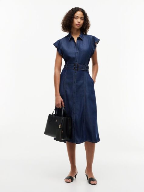 Blue Denim Fit And Flare Midi Dress  Women