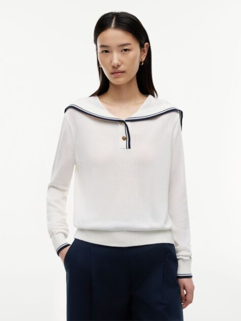 Beige Relaxed Sailor Collar Jumper With Silk  Women