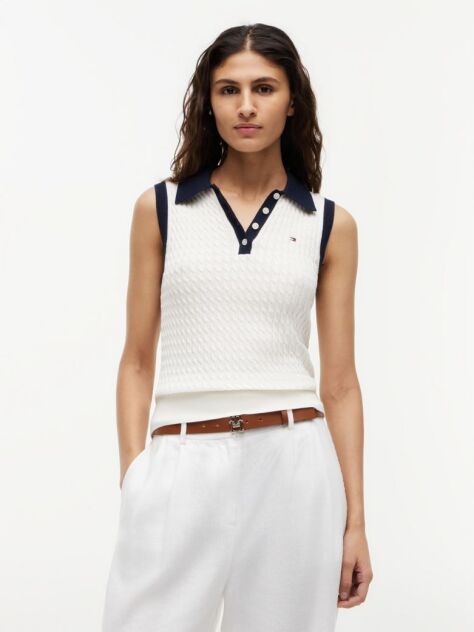 Beige Cable Knit Slim Sleeveless Polo Jumper  Women