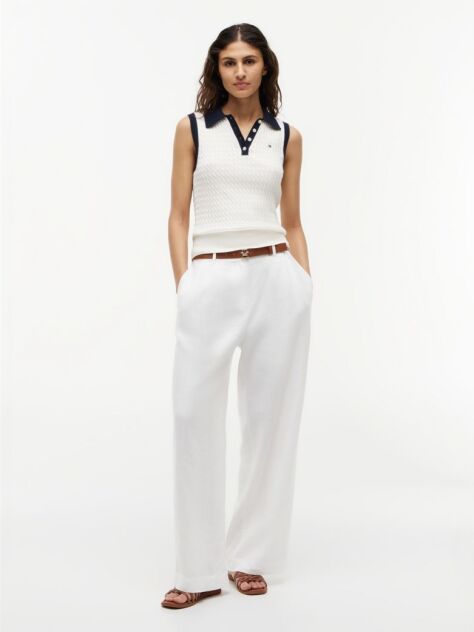 Beige Cable Knit Slim Sleeveless Polo Jumper  Women