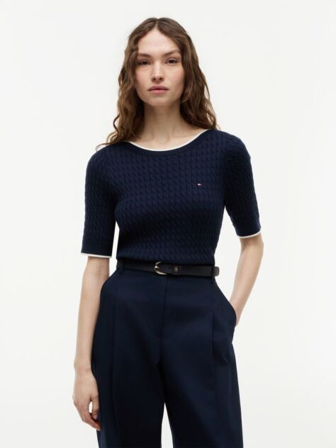 Blue Cable Knit Boat Neck Short Sleeve Jumper  Women