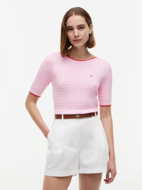 Pink Cable Knit Boat Neck Short Sleeve Jumper  Women
