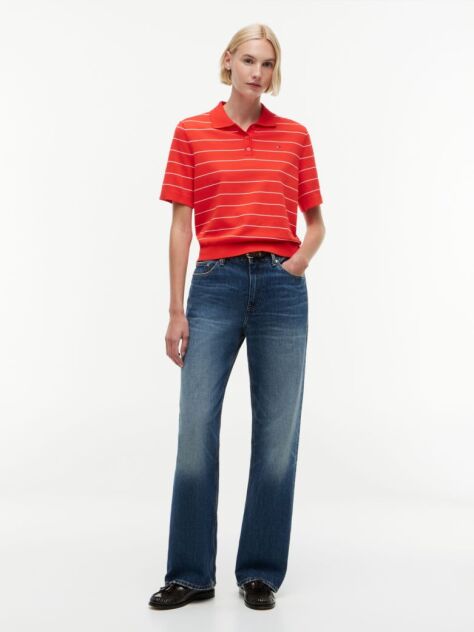 Red Boxy Fit Jersey Polo Shirt  Women