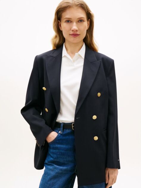 Μπλε Άνετο Blazer Με Διπλή Σειρά Κουμπιών Από Μάλλινο Μείγμα  Γυναίκες