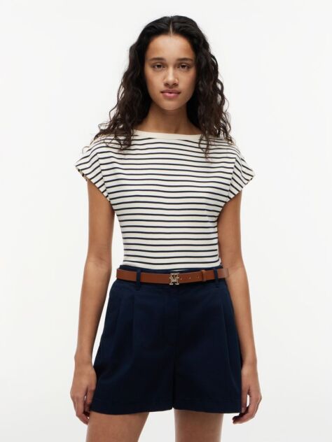 Multi Gold-Tone Button Boat Neck T-Shirt  Women