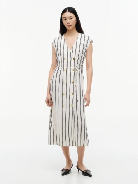 Multi Gold-Tone Button Stripe Midi Dress  Women