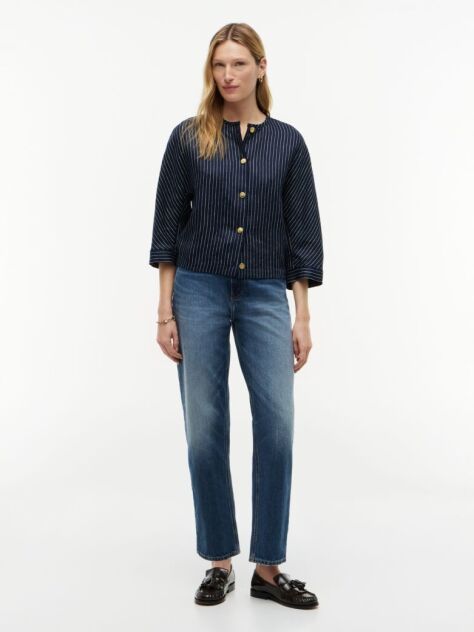 Multi Relaxed Gold-Tone Button Pinstripe Blouse  Women