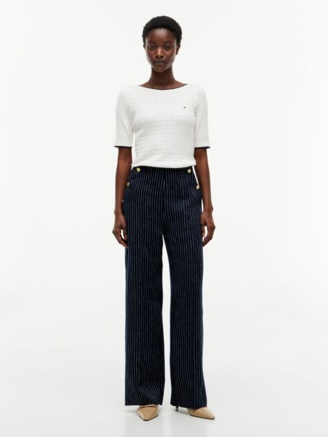 Multi Pinstripe Gold-Tone Button Wide Leg Trousers With Linen  Women