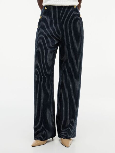 Multi Pinstripe Gold-Tone Button Wide Leg Trousers With Linen  Women