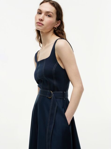 Blue Topstitch Square Neck Belted Midi Dress  Women