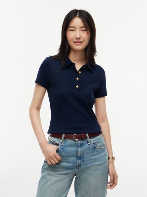 Blue Slim Fit Gold-Tone Button Polo Shirt  Women