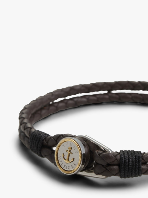 Brown Gold-Plated Nautical Charm Brown Leather Bracelet  Men