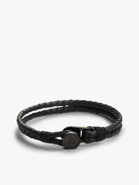Black Ionic-Plated Nautical Charm Black Leather Bracelet  Men