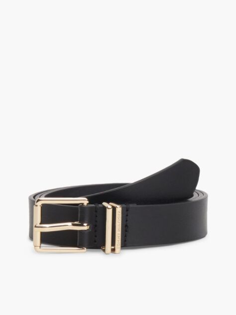 Black Square Buckle Logo Keeper Leather Belt  Women