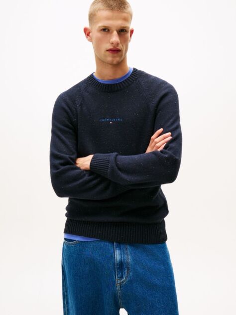 Blue Linear Logo Raglan Sleeve Slim Jumper  Men