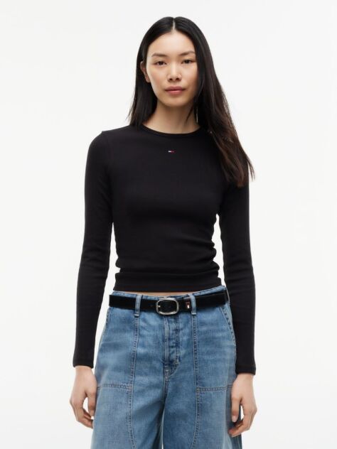 Μαύρο Μακρυμάνικο Ριμπ T-Shirt Σε Slim Γραμμή  Γυναίκες
