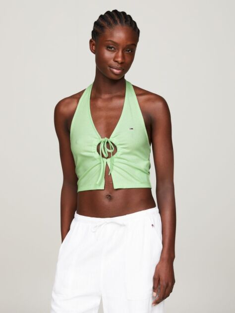 Green Ribbed Halterneck Keyhole Cropped Tank Top  Women
