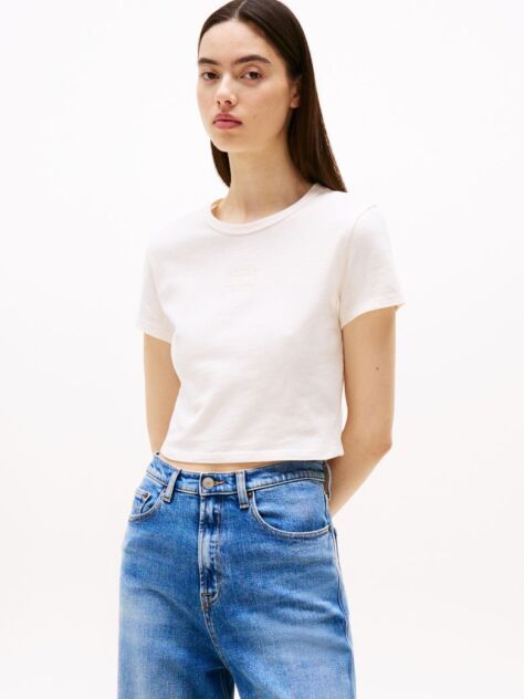 White Slim Fit Cropped Tonal Flag T-Shirt  Women