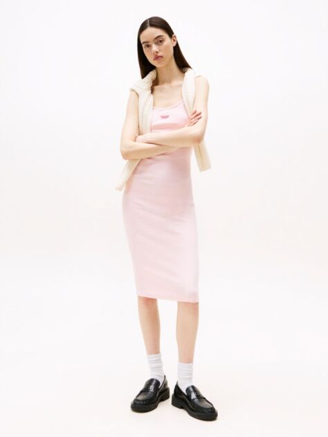 Pink Ribbed Spaghetti Strap Bodycon Midi Dress  Women