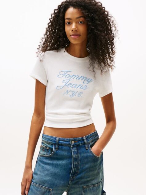 White Varsity Waffle Knit Slim T-Shirt  Women