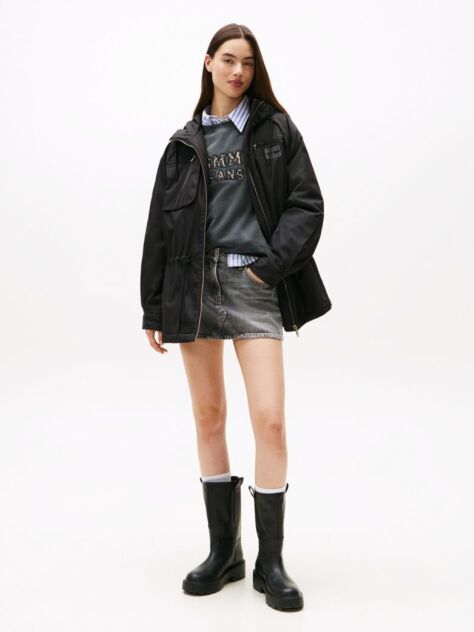 Black Tommy Badge Relaxed Hooded Parka  Women