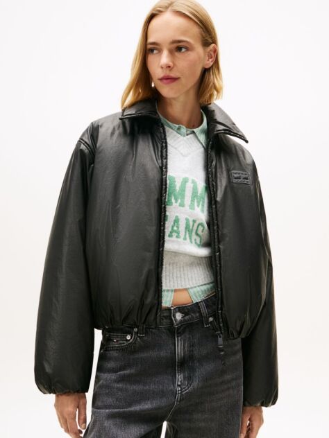 Black Shiny Relaxed Padded Bomber Jacket  Women