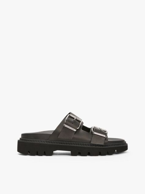 Black Leather Double Strap Cleat Sandals  Women