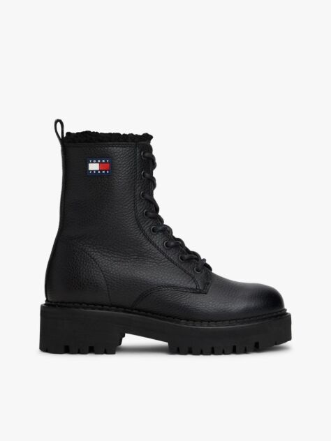 Black Leather Warm Lined Cleat Mid Boots  Women