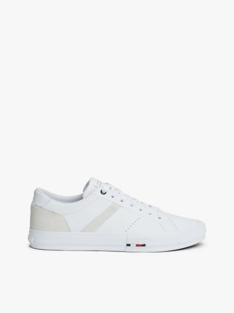 White Leather Mixed Texture Trainers  Men