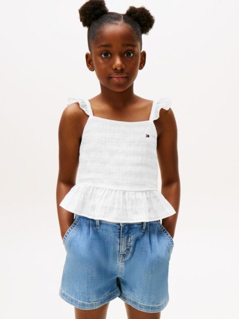 White Textured Ruffle Top  Girls